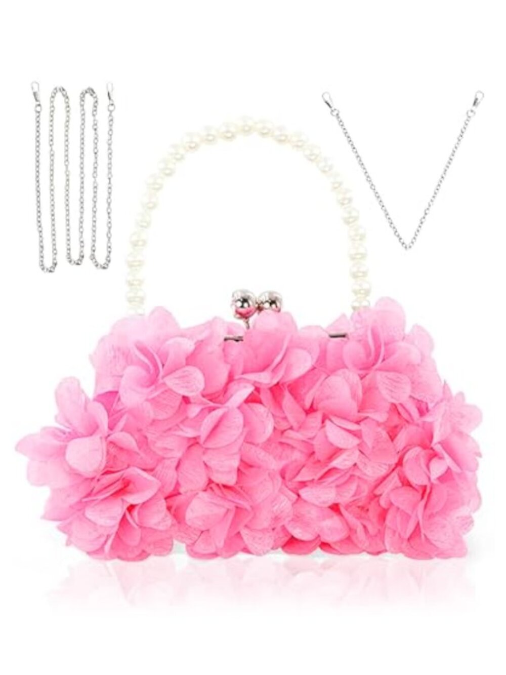Pleated Fabric Floral Applique Clutch with 2 Chains